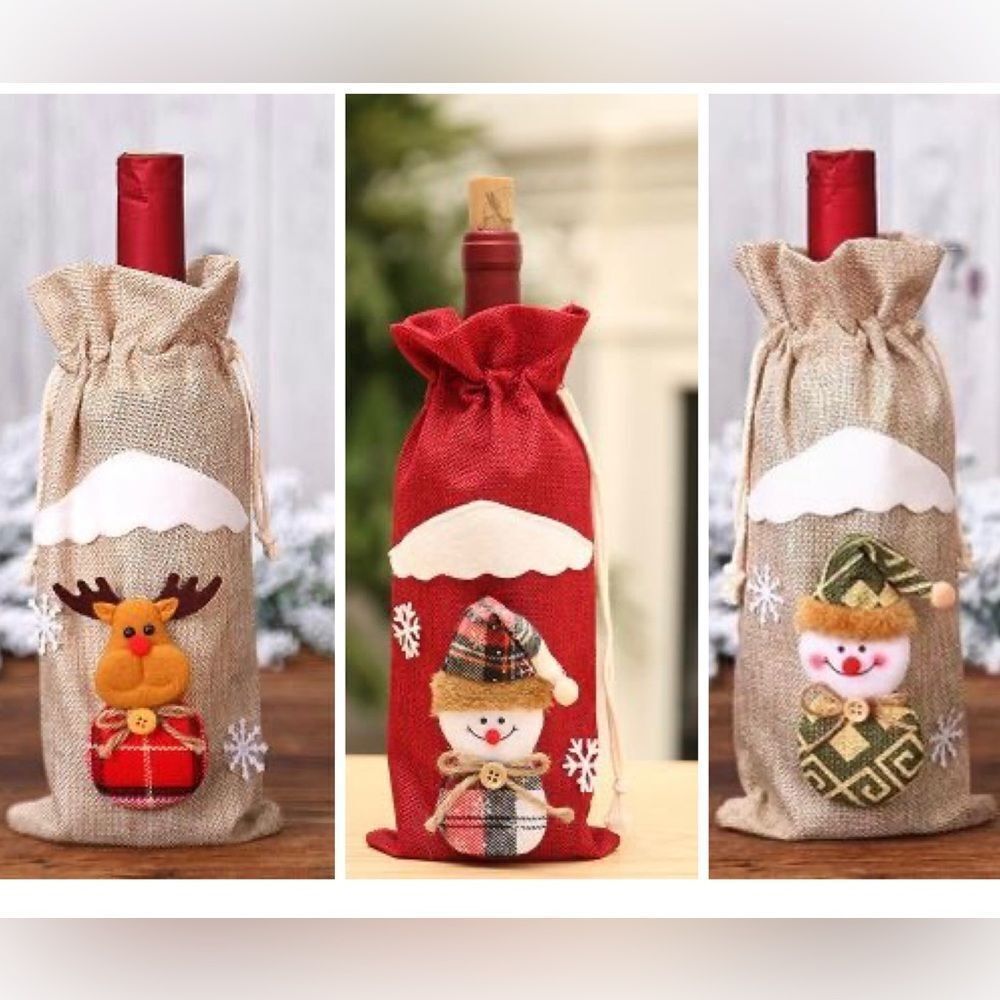 3 Burlap Christmas Wine Gift Bags